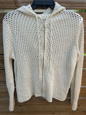 Open-Knit Cream Hooded Zip Cardigan Sweater
